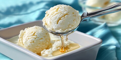 Creamy scoops of vanilla ice cream in a dish