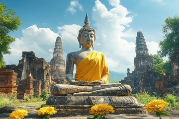 Obraz premium Ancient Buddhist Statue Draped in Yellow Fabric Among Historic Temple Ruins in Ayutthaya Under Midday Sunlight