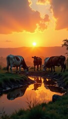 Fototapeta premium A group of cows and calves gathered around a watering hole at sunset, silhouettes, sunset