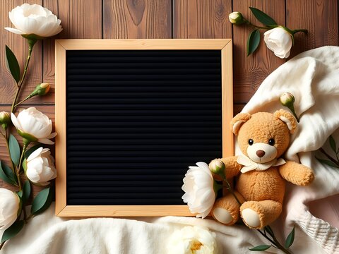 Adorable Teddy Bear and Peonies on Letter Board Baby Announcement or Gender Reveal