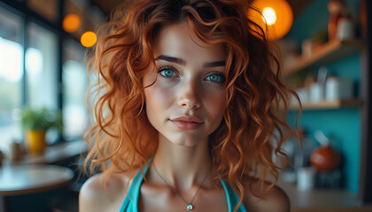 Young woman serene intimate portrait against blurred cafe background