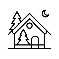 Cabin in the woods vector illustration with christmas trees and moon line art design element for winter