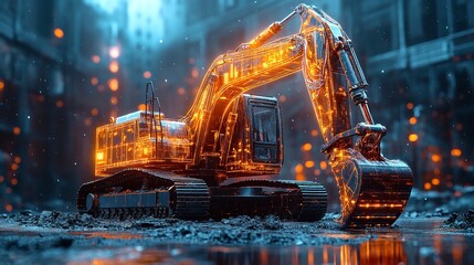 Futuristic Excavator Glowing at Night Urban Construction Site