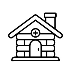 Vector graphic line art of a log cabin house with chimney and plus sign for medical use