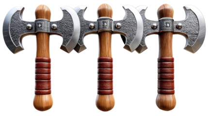 Battle Axes Arrayed: A trio of battle axes stand as a testament to craftsmanship, embodying a rich tapestry of history, power, and the call of adventure. The axes showcase a rugged design.