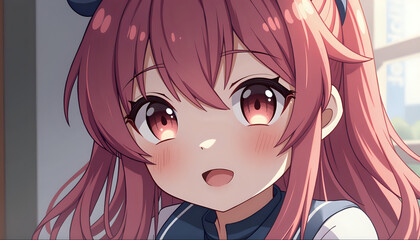 Cheerful anime girl closeup with pink ponytail and sailor collar illustration