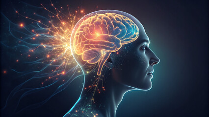Profile view of a glowing brain with digital sparks in a human, showing intelligence, imagination, and neural activity