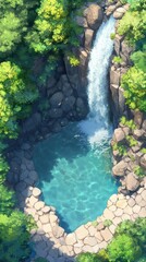Waterfall cascades into serene, rocky pool.