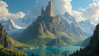 Majestic mountain range with turquoise lake and village digital painting in realistic style