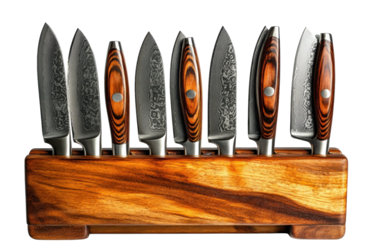 Exquisite Damascus steel knife set in rich acacia wood block showcasing intricate patterns and on transparent background