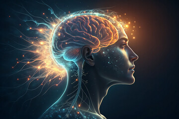 Futuristic human brain glowing with energy and neural sparks, illustrating artificial intelligence and cognitive innovation concepts