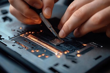 Woman repairing laptop with screwdriver close-up laptop repair and maintenance without warranty coverage