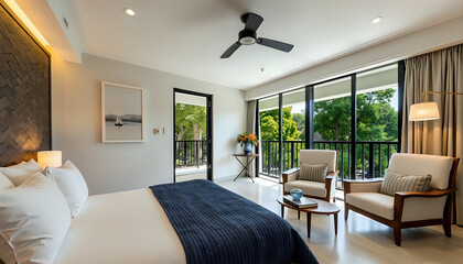Hotel room interior contemporary with balcony view neutral tones [with copy space]