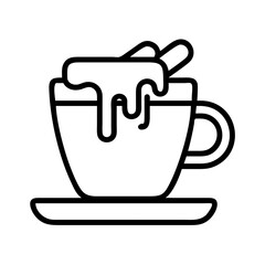 Vector line art drawing of hot chocolate with marshmallows and cream on a saucer design element
