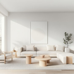Fototapeta premium Bright and Minimalist Living Room with Light Wood Furniture