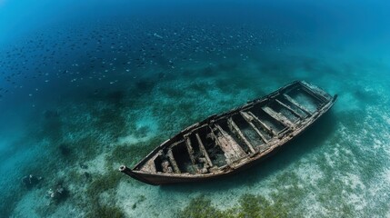 Fototapeta premium Sunken wooden boat, ocean floor, fish school.