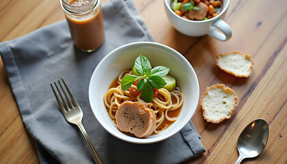 Pasta dish gourmet with terrine and herbs elegant meal presentation [on wooden table]