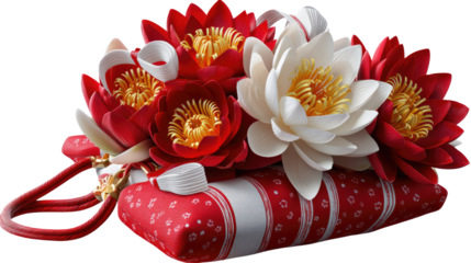 Floral Bag of Serenity: A beautiful floral bag with the red and white lotus flowers and some decorative tassels that can use as a stylish addition to a serene moment.
