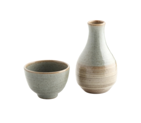 Japanese sand-colored ceramic cup and bowl next to a bottle of Japanese rice wine in the same color, on Png Format and Transparent Background