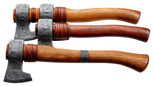 Artisan Axes: An array of meticulously crafted axes, each showcasing unique details, reflecting the essence of craftsmanship and functionality. A symbol of strength and precision.