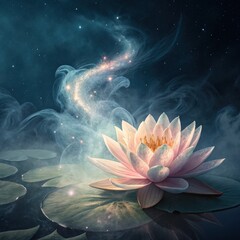 Fototapeta premium Enchanting lotus flower blooming on a serene pond, with cosmic mist and ethereal glow, magical nature scene