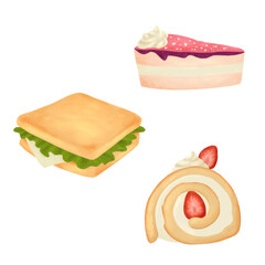 set of different kinds of bread. set of different kinds of food. Drawing sandwich, swiss roll, and tart cake drawing isolated