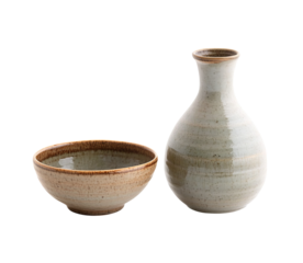 Japanese sand-colored ceramic cup and bowl next to a bottle of Japanese rice wine in the same color, on Png Format and Transparent Background