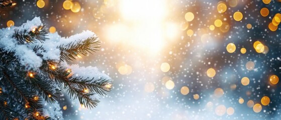 Naklejka premium Snowy pine branches with golden bokeh lights in a warm winter holiday landscape