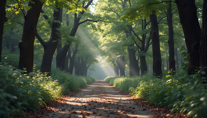 Sunlit Forest Path Peaceful Winding through Lush Greenery [with copy space]