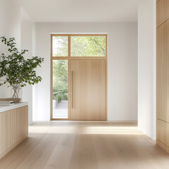 Modern Entrance Hall with Wooden Door and Natural Light Streaming In