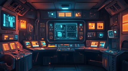 Futuristic control room with glowing screens and advanced technology.