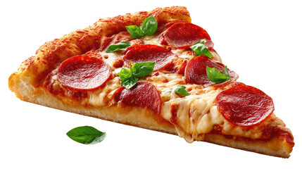 Pepperoni Pizza Slice:  A close-up of a delectable pepperoni pizza slice, with melted cheese, savory pepperoni, and fresh basil leaves, captures the essence of Italian culinary delight. 