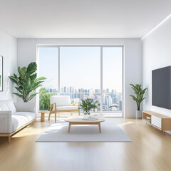 Bright and Modern Living Room with City View and Green Plants