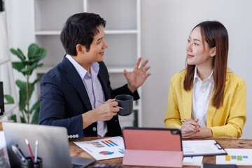 Two Accounting company provide finance and taxation planning for profitable cash flow, Auditor and accountant team working in office, analyze financial data accounting record with calculator.Insight
