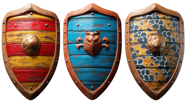 Vanguard Shields: Three meticulously crafted shields, showcasing diverse designs and textures, symbolize protection, heritage, and valor, ready to defend against any challenge.