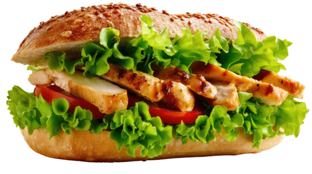 Artisan Sandwich Delight: A mouthwatering display of a freshly made sandwich. Grilled chicken and crisp lettuce between halves of a fresh bun