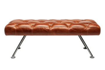 Luxurious brown leather bench with button tufting sleek metal legs isolated on black on transparent background