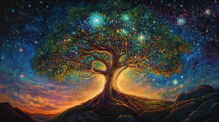 Luminous tree, starry night, vibrant colors, rocky landscape.