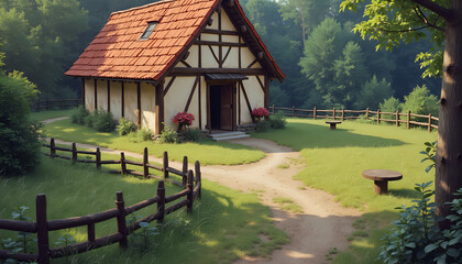Forest cottage in rustic style with cream and red colors representing fairytale charm