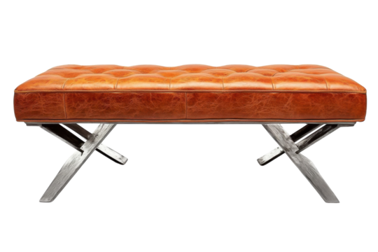 Luxurious brown leather bench with a stylish crisscross metal base perfect for adding a touch on transparent background