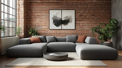 Modern living room features a large sectional and exposed brick