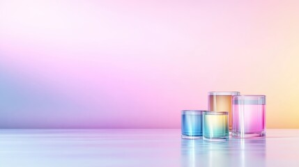 Colorful drinks in glass tumblers on a reflective surface