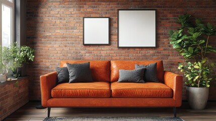 Living room features orange sofa against brick wall background