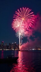 Colorful explosive firework display over city skyline at night, explosion, explosive