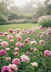 Obraz premium Pink and Purple Ranunculus Flowers in a Garden