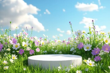 White empty podium with colorful wildflowers on grass background. Summer or spring nature scene mockup for product display presentation, advertising banner