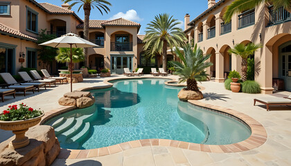 Luxurious mediterranean courtyard pool relaxing upscale represents resort style living relaxation [with copy space]