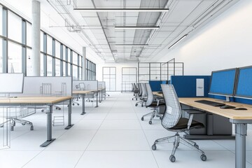 Modern Open Office Space with Workstations and Natural Light