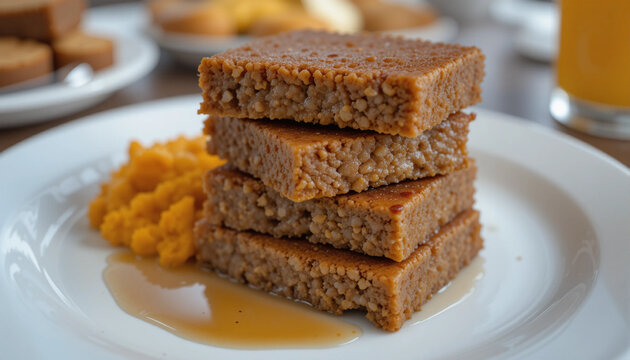  Stack of Fried Scrapple Slices with Side of Grits and Syrup on White Plate