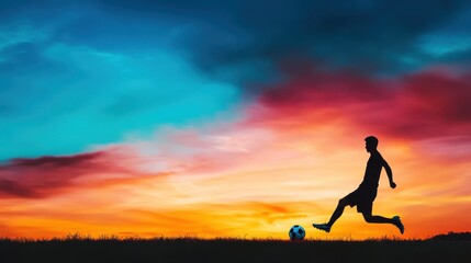 Silhouette of a player mid-kick against a bright sky, smooth lines and minimalist field creating a striking composition 